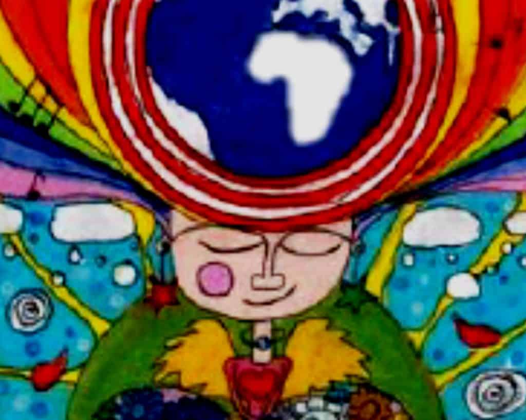 a colourful drawing of a girl. On her head is a globe surrounded with rainbow.