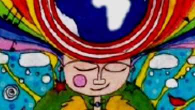 a colourful drawing of a girl. On her head is a globe surrounded with rainbow.