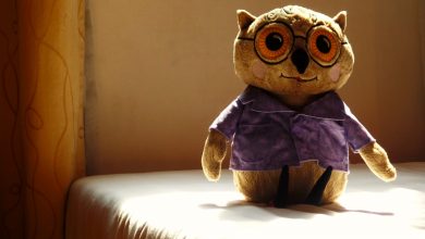 a soft toy owl stands on a bed.