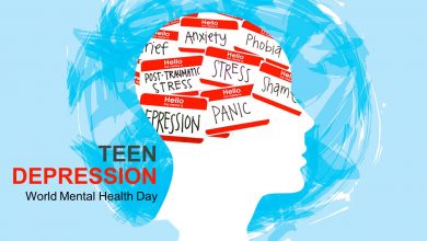 a silhouette of a head in side profile. Inside are words like panic, shame, depression, stress, phobia, grief, PTSD, and anxiety. Next to the head are words that say teen depression. World mental health day.