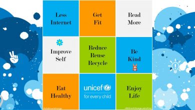 Montage of New year resolutions such as less internet, get fit, read more, improve self, reduce, reuse, recycle, be kind, eat healthy and enjoy life.