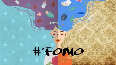 Composite of two images of a girl. One half is a girl holding a wedding bouquet with icons showing icons related to babies. The background is sad. The adjacent girl is holding a box and icons relating to education. The background is gold and bold. On the image is the word "FOMO".