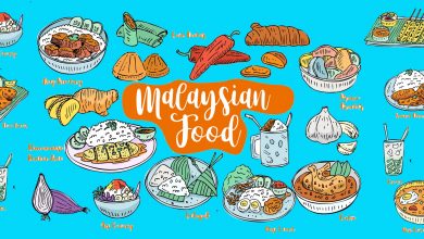 illustration of a variety of Malaysian food such as nasi lemak, nasi goreng, satay, ikan bakar, chicken rice.