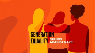 Three women stand with their arms around each other to provide support. At the bottom are the words "Generation Equality stands against rape.'