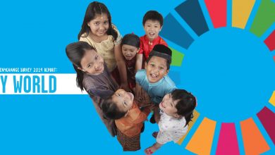 group of Malaysian children stand together in front of the SDG circle