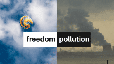 Two contrasting photos. One is blue skies with a hotair ballon and the word Freedom. Next to it is a photo of smog and factories emitting clouds of fumes with the word pollution.