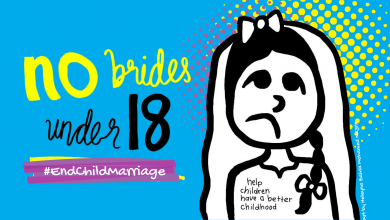 graphic of a child bride. Next to her the words No brides under 18. End child marriage