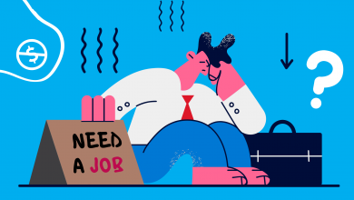 Illustration to show youth unemployment. A young man sitting down looking dejected and sad. Next to him is a sign that says ‘need a job’.