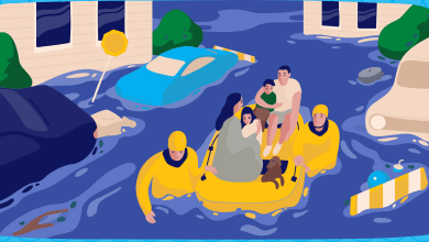 A family and their pet trapped in the floods being rescued in a boat. Around them are cars and houses submerged in water.