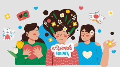 three young women celebrating their New Year's Resolutions with the words "Friends Forever". Decorative elements around them like cute cats, coffee and flowers.