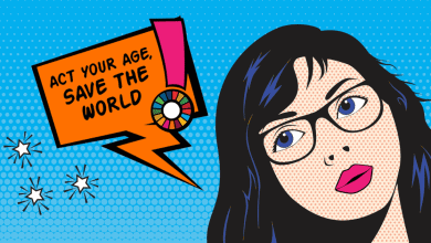 a girl in glasses at the corner. Next to her a speech bubble with text Act your age, Save the world. The exclamation has a SDG wheel in it.