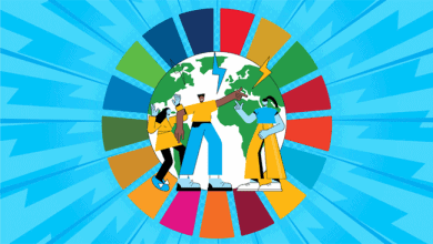 Three youth in the centre of the sustainable development goals wheel.