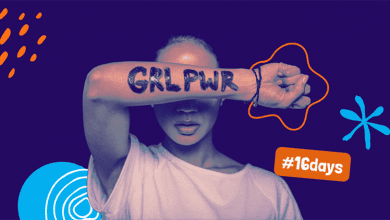 A young woman holds up her arm against a face. On her arm is text "Girl Power" as strength against all forms of sexual harassment, including indecent exposure. Beside her is text "16 days".