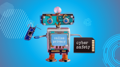 A Robot holds a card with the words cybersafety.