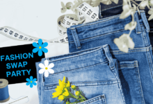 Jeans with flowers, a needle, thread and measuring tape. A card says "Fashion Swap Party".