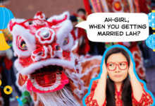 A girl closes her ears to awkward question from a nosy "lion". Speech bubble says "Ah-girl, when you getting married la?"